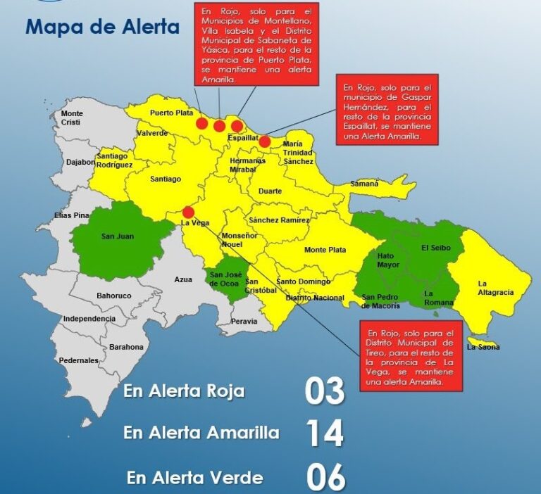 COE emite alerta roja para tres municipios y eleva a amarilla a 13 provincias y el Distrito Nacional por Vaguada